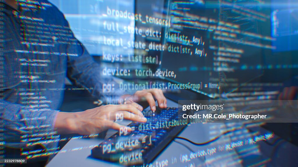Programmer Typing with Computer Code Overlay, Cybersecurity and Artificial Intelligence Programming Background, Modern Coding and Machine Learning Development concept