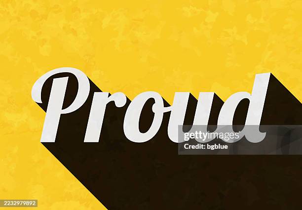 proud - text with long shadow on textured yellow background - black pride poster stock illustrations