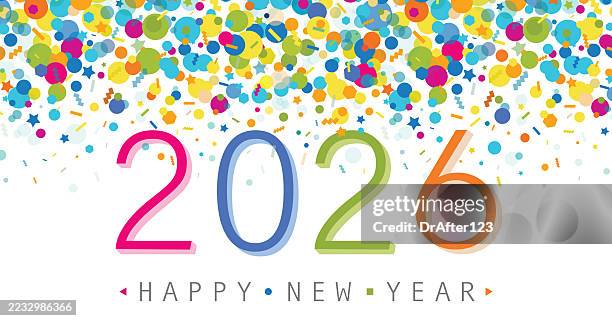 vibrant confetti 2026 greeting on transparent background - new year celebration background stock illustrations