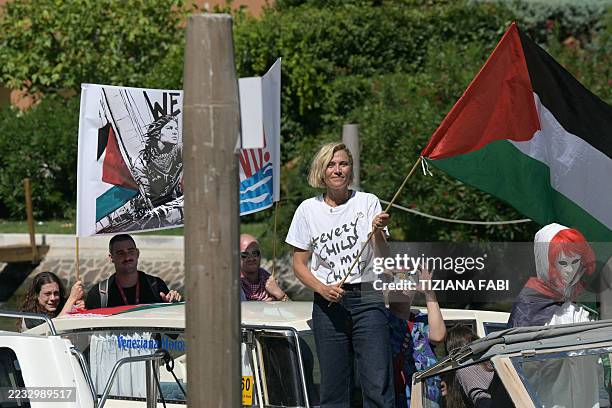 Italian actress Anna Foglietta, along with activists, waves a Palestinian flag from a boat in support of Palestinian people in Gaza and the Global...