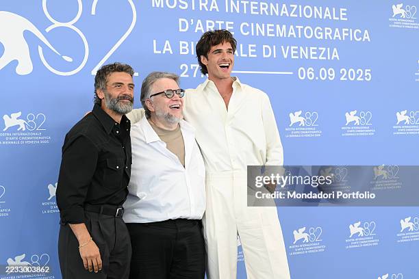 American actor Oscar Isaac, Mexican director and screenwriter Guillermo del Toro and Australian actor Jacob Elordi at the 82 Venice International...