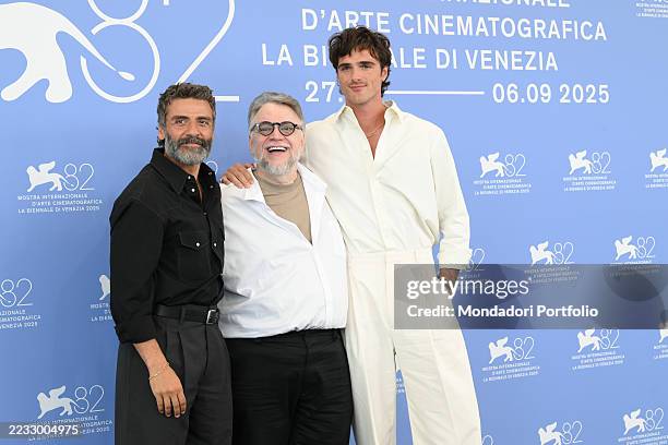 American actor Oscar Isaac, Mexican director and screenwriter Guillermo del Toro and Australian actor Jacob Elordi at the 82 Venice International...