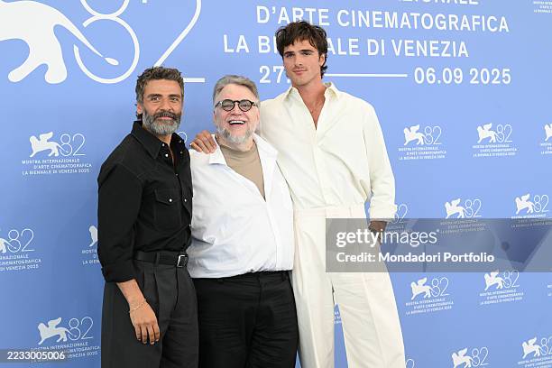 American actor Oscar Isaac, Mexican director and screenwriter Guillermo del Toro and Australian actor Jacob Elordi at the 82 Venice International...
