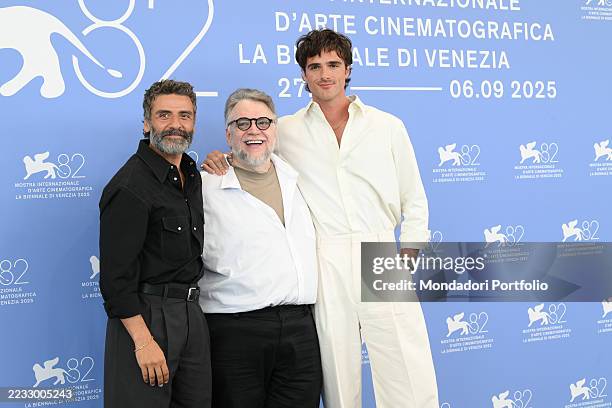 American actor Oscar Isaac, Mexican director and screenwriter Guillermo del Toro and Australian actor Jacob Elordi at the 82 Venice International...