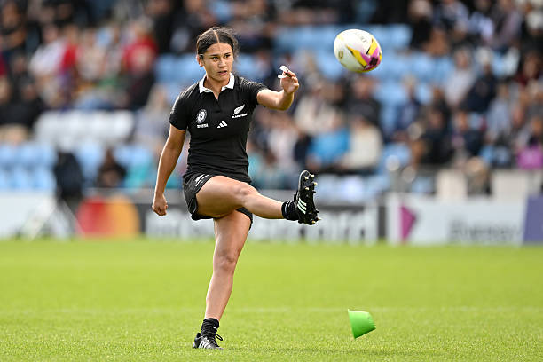 Braxton Sorensen-McGee of New Zealand kicks a conversion during the Women's Rugby World Cup 2025 Pool C match between New Zealand and Japan at Sandy Park