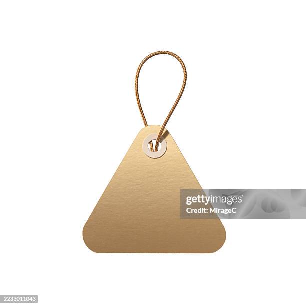 triangle shape gold price label with rope isolated on white - gold string stock pictures, royalty-free photos & images