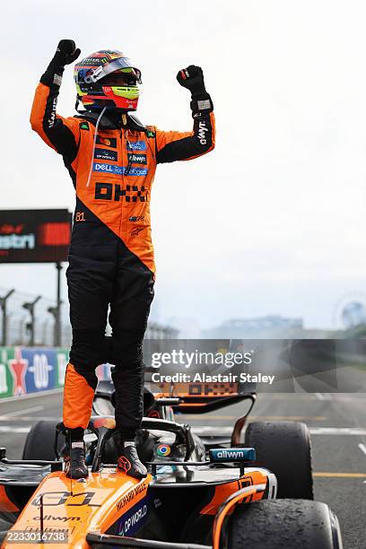 Race winner Oscar Piastri of Australia and McLaren celebrates on arrival in parc ferme during the F1 Grand Prix of Netherlands at Circuit Zandvoort...