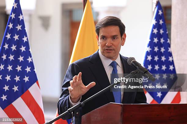 Secretary of State Marco Rubio speaks during a press conference at Palacio de Carondelet on September 4, 2025 in Quito, Ecuador.