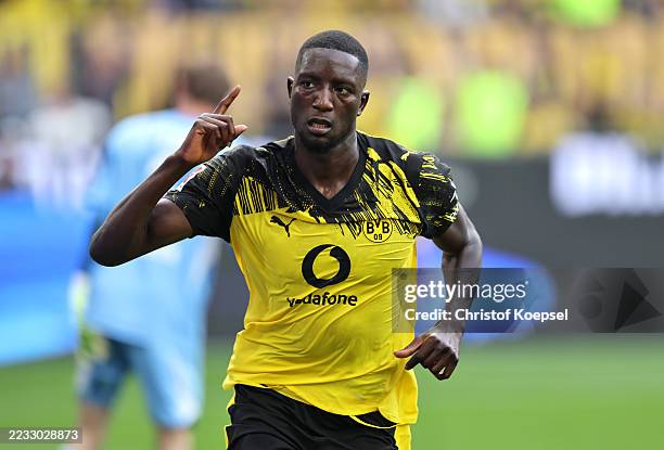 Serhou Guirassy of Borussia Dortmund celebrates scoring his team's first goal during the Bundesliga match between Borussia Dortmund and 1. FC Union...