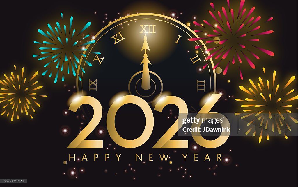 Happy New Year 2026 Fireworks Web Banner Design Template In Gold Colors ...