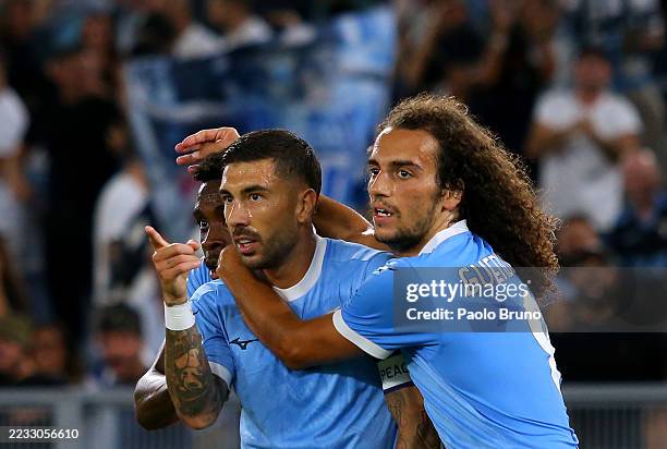 Mattia Zaccagni of Lazio celebrates scoring his team's second goal with Matteo Guendouzi of Lazio during the Serie A match between SS Lazio and...