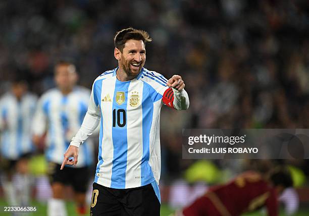 Argentina's forward Lionel Messi celebrates after scoring his second goal during the 2026 FIFA World Cup South American qualifiers football match...