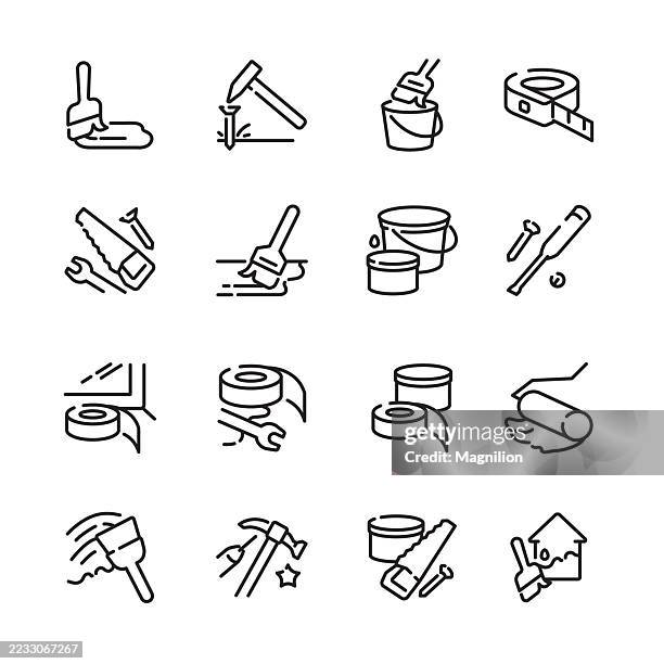 home renovation icons set, vector line icons, editable stroke, paint brushes, rollers, buckets, measuring tapes, saws, hammers, adhesive tapes, and diy tools - interior designer stock illustrations