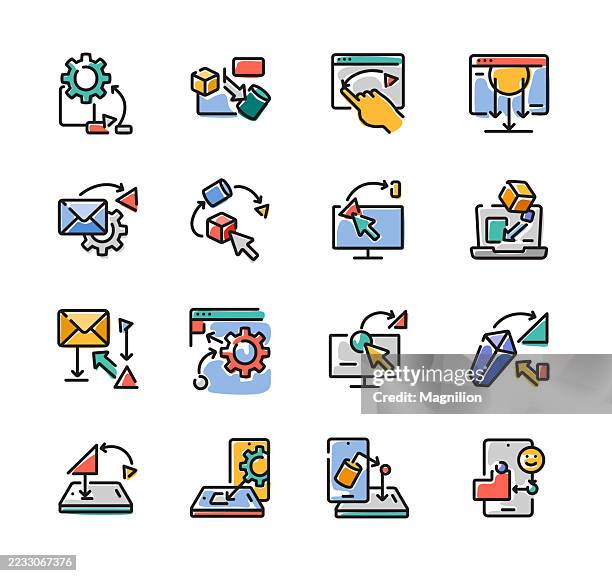 drag and drop interaction icons set, vector line icons, editable stroke, ui elements, file transfer, move objects, email and app integration - scrolling mobile stock illustrations