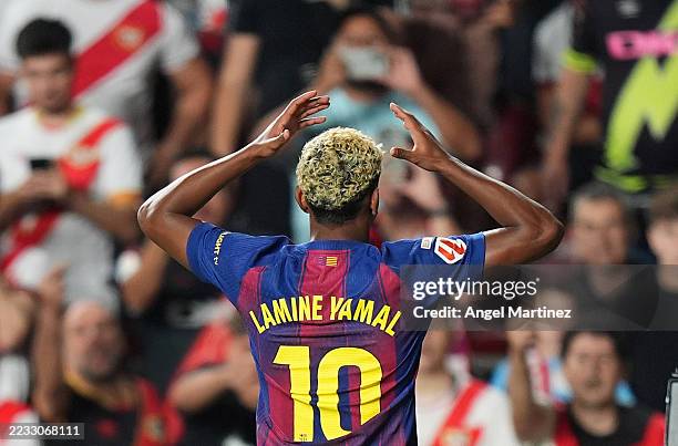 Lamine Yamal of FC Barcelona celebrates scoring his team's first goal during the LaLiga EA Sports match between Rayo Vallecano de Madrid and FC...