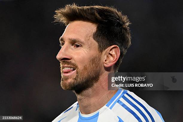 Argentina's forward Lionel Messi gestures during the 2026 FIFA World Cup South American qualifiers football match between Argentina and Venezuela at...