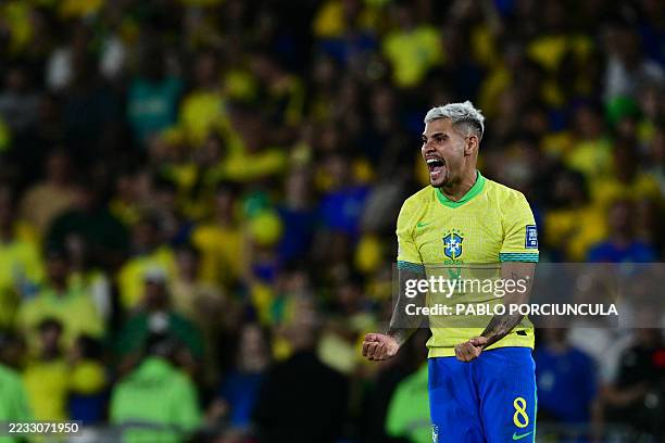 Brazil's midfielder Bruno Guimaraes celebrates scoring his team's third goal during the 2026 FIFA World Cup South American qualifiers football match...