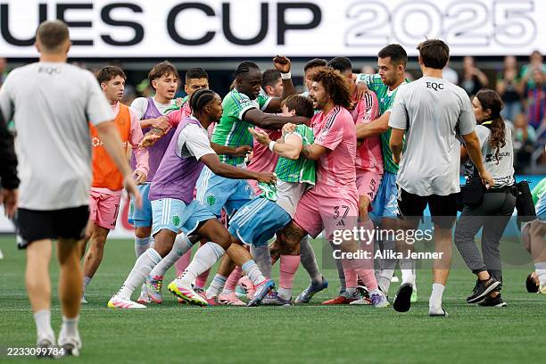 Players of Seattle Sounders FC and Inter Miami CF fight after the Leagues Cup Final match between Seattle Sounders and Inter Miami CF at Lumen Field...