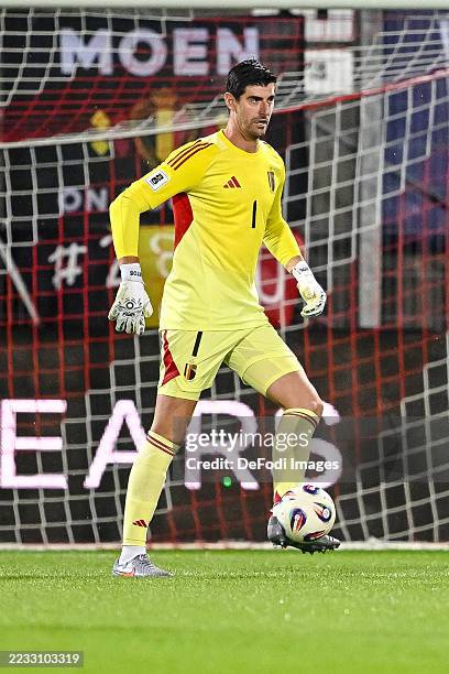 Vaduz, Liechtenstein goalkeeper Thibaut Courtois of Belgium controls the Ball during the FIFA World Cup 2026 Qualifier match between Liechtenstein...