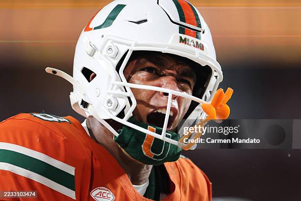 Jakobe Thomas of the Miami Hurricanes reacts against the Notre Dame Fighting Irish during the second half at Hard Rock Stadium on August 31, 2025 in...