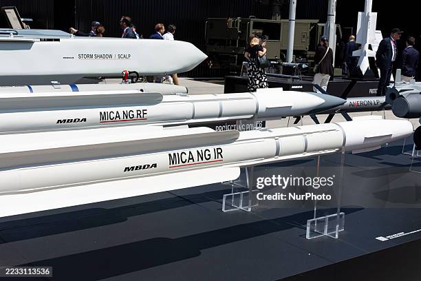 Low-observable, long range air launched cruise missile displayed at Paris Air Show with the MBDA logo with MICA NG IR and MICA NG RF missiles. The...