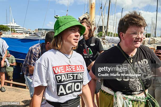 Greta Thunberg boards on a Flotilla boat on August 31, 2025 in Barcelona, Spain. Activists, including Swedish campaigner Greta Thunberg, are...