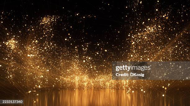 flying through glittering gold particles - abstract background image - christmas, happy new year, glamour - leve imagens e fotografias de stock