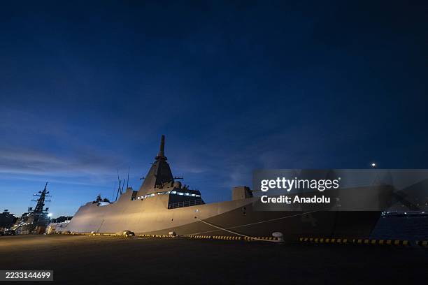 Japan Maritime Self-Defense Force Mogami-class stealth frigate JS Mikuma sits anchored at the JMSDF naval base in Yokosuka, Kanagawa Prefecture,...