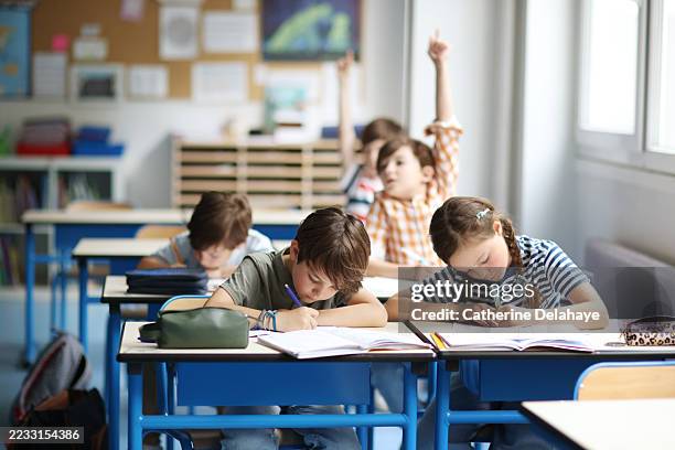 several children writing in their notebooks in a classroom - schulkind stock-fotos und bilder