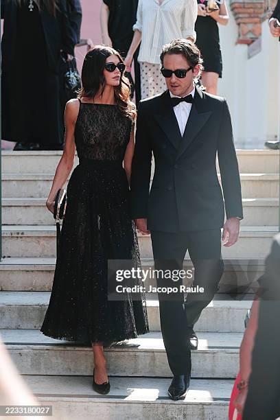 Kaia Gerber and Lewis Pullman depart from Hotel Excelsior during the 82nd Venice International Film Festival on September 01, 2025 in Venice, Italy.