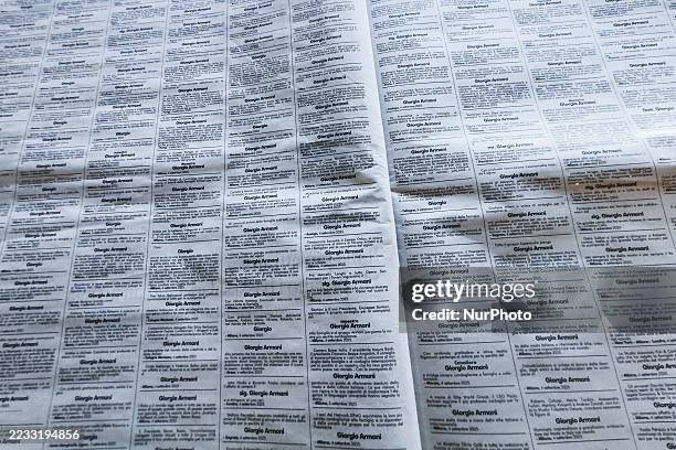 In this photo illustration, condolence messages dedicated to the late Giorgio Armani are seen inside Corriere Della Sera newspaper. Monza, Italy on...