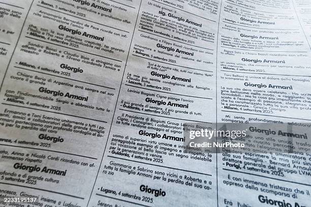 In this photo illustration, condolence messages dedicated to the late Giorgio Armani are seen inside Corriere Della Sera newspaper. Monza, Italy on...