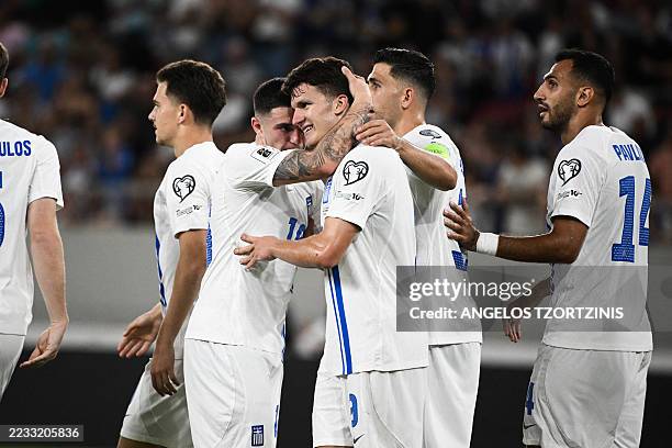 Greece's forward Christos Tzolis celebrates scoring his team's fifth goal during the FIFA World Cup 2026 Group C European qualification football...