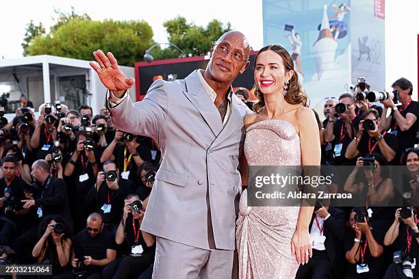 Dwayne Johnson and Emily Blunt attend "The Smashing Machine" red carpet during the 82nd Venice International Film Festival on September 01, 2025 in...