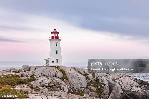 faro di peggys cove all'alba con cielo color pastello e una persona non identificabile in lontananza di fronte all'acqua. - faro foto e immagini stock