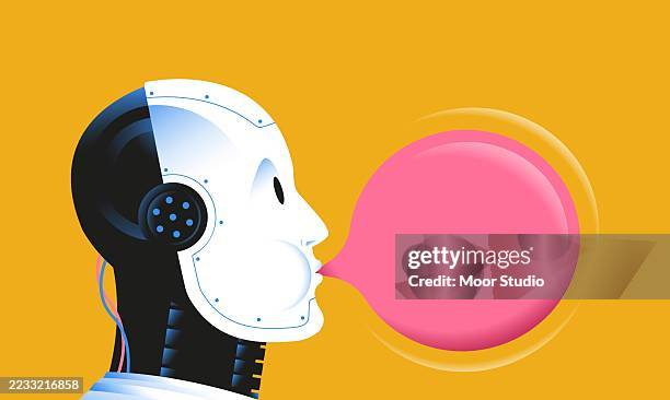 ilustraciones, imágenes clip art, dibujos animados e iconos de stock de robot soplando una burbuja con ilustración de chicle - volátil