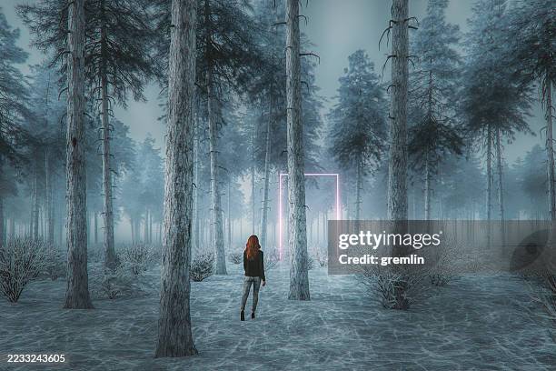 young woman walking in fantasy winter forest - time machine stock pictures, royalty-free photos & images