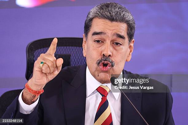 President of Venezuela Nicolás Maduro speaks during a press conference at Hotel Melia Caracas on September 01, 2025 in Caracas, Venezuela. Maduro...