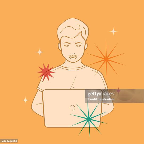 young man working on computer in outline style and yellow background - using laptop close up stock illustrations
