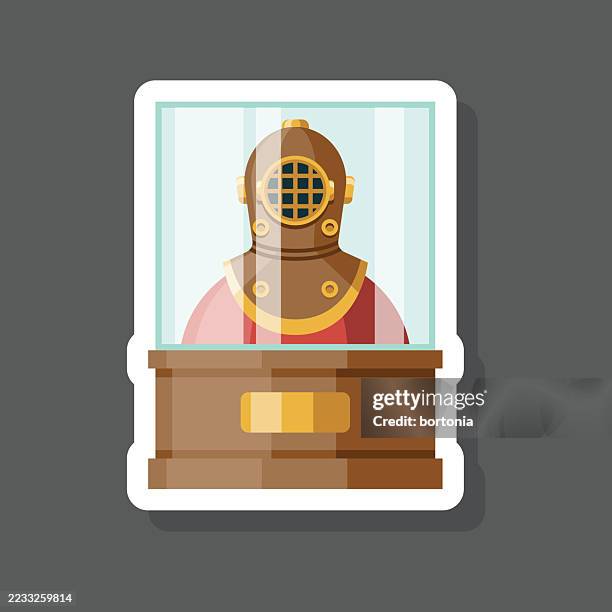 antiker tauchhelm museum display aufkleber symbol - museumswärter stock-grafiken, -clipart, -cartoons und -symbole