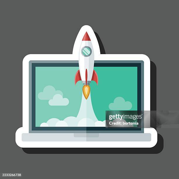 rocket blast off sticker icon - rocket launch stock illustrations