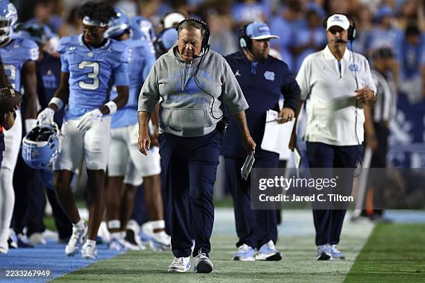 Head coach Bill Belichick of the North Carolina Tar Heels reacts during the first half of the game against the TCU Horned Frogs at Kenan Stadium on...