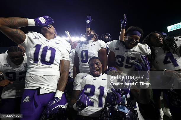 The TCU Horned Frogs celebrate their 48-18 victory over the North Carolina Tar Heels at Kenan Stadium on September 01, 2025 in Chapel Hill, North...