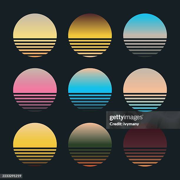 illustrations, cliparts, dessins animés et icônes de vintage coloré rayé dégradé coucher de soleil badges collection de symboles - industrie de la mode