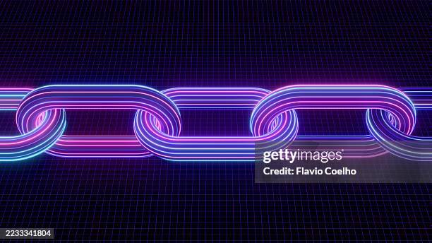 neon blockchain links stretched - blockchain stock pictures, royalty-free photos & images