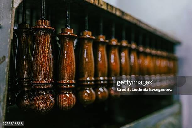 production of skewers. - slab sawing stock pictures, royalty-free photos & images