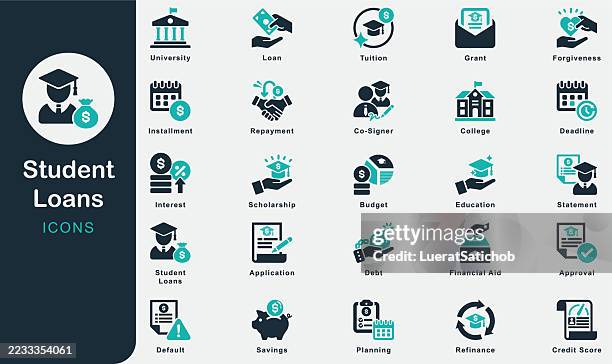 student loans solid icons collection.containing tuition, loan, money, education, college, university, scholarship, grant, budget, debt, repayment, interest, installment, application, approval, savings - tuition stock illustrations