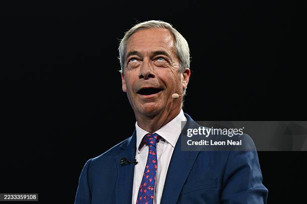Leader of Reform UK Nigel Farage addresses delegates on day two of the Reform UK party conference at National Exhibition Centre on September 06, 2025...