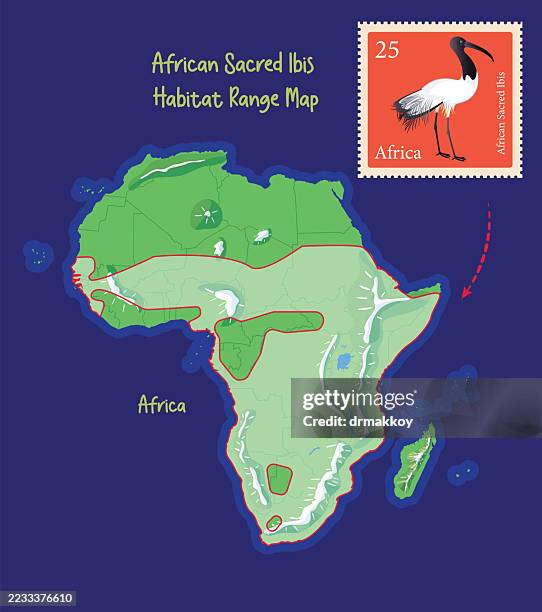 sacred ibis habitat range map - sub saharan africa stock illustrations