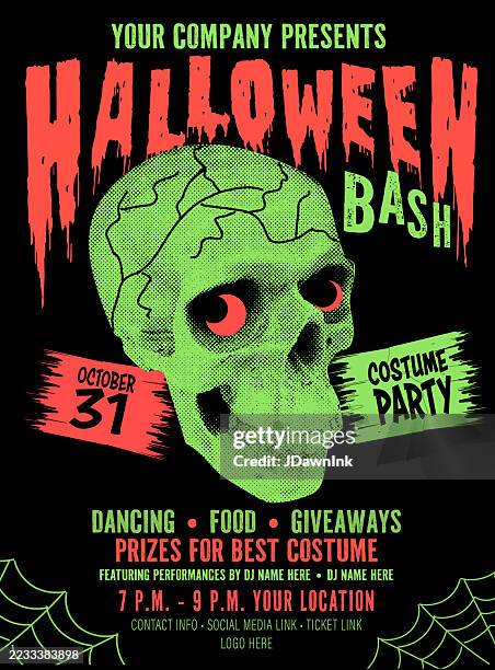 scary happy halloween party bash collage style design template poster smiling skull green and red halftone colors on black background - spooky halloween stock illustrations